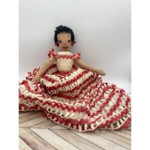 Vintage Handmade Cloth Doll - Crochet Dress with hand Stitched face